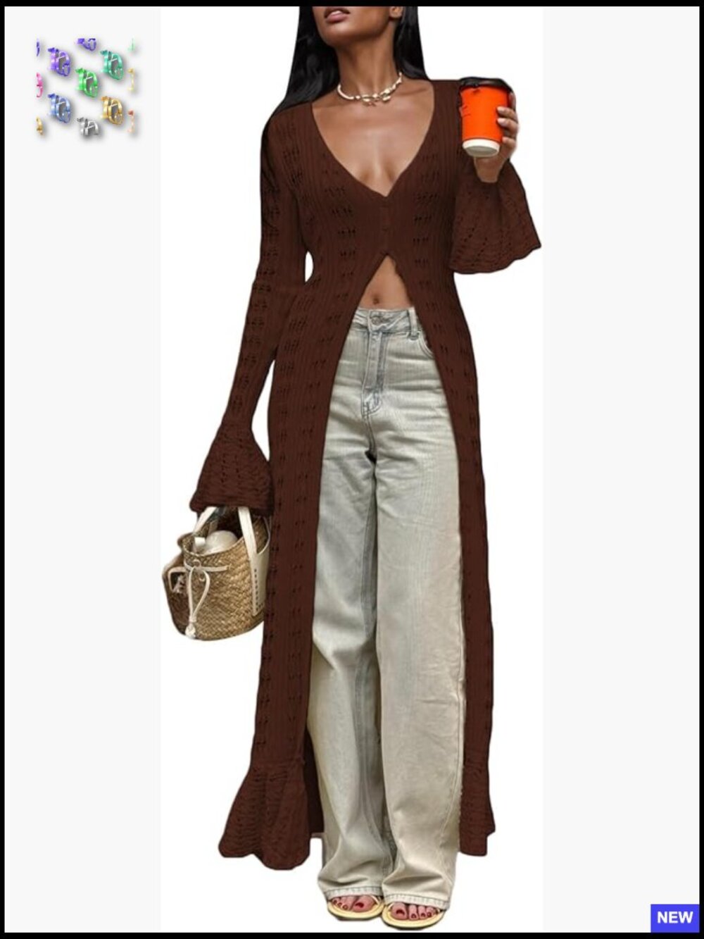 Crochet Hollow Out Knit Maxi Cardigan Sweater Cover Up Long Sleeve Button Down